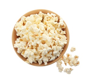 Bowl with delicious fresh popcorn on white background, top view