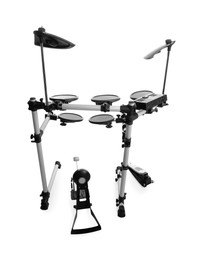 Photo of Modern electronic drum kit on white background. Music instrument