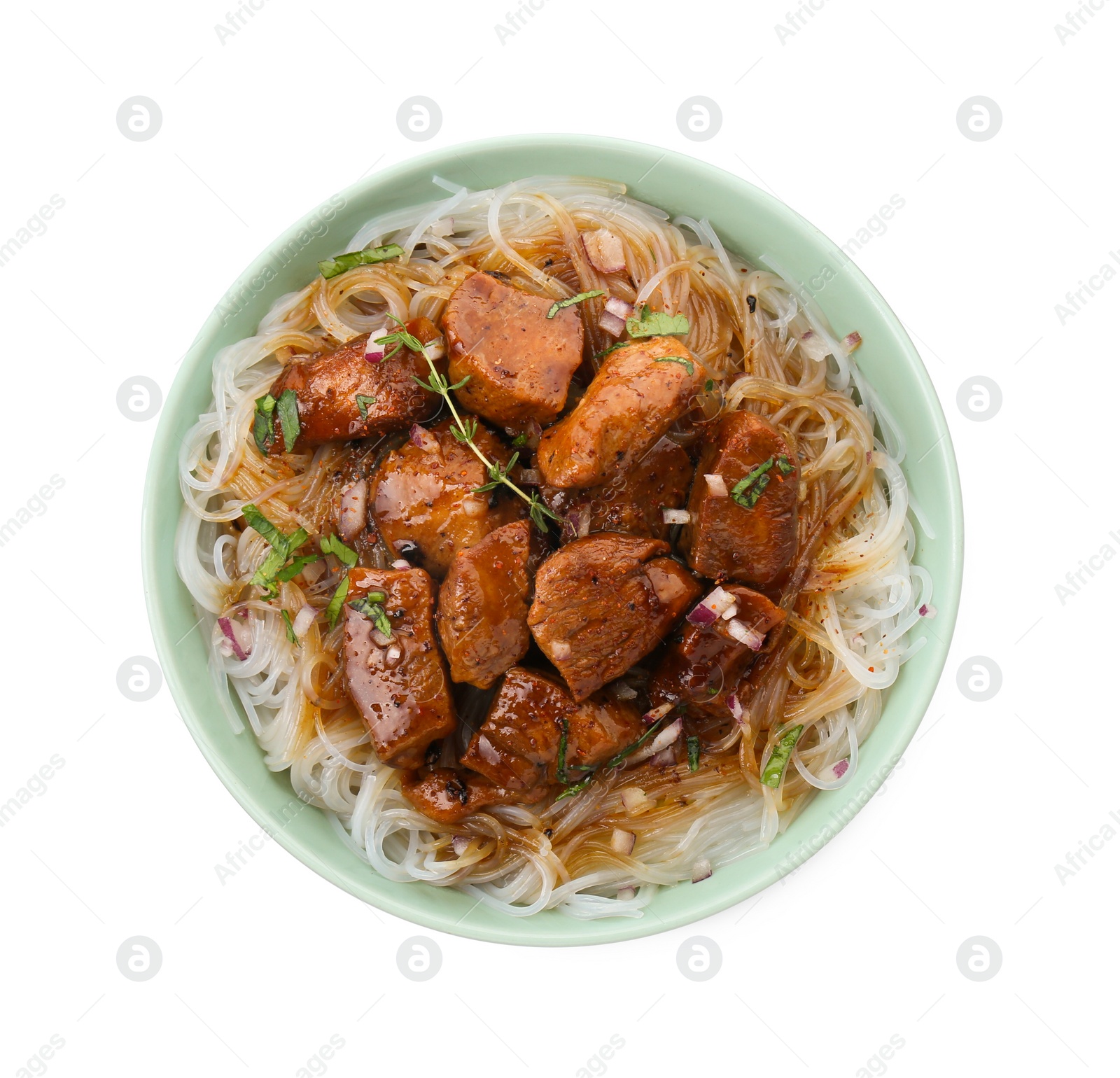 Photo of Bowl with pieces of soy sauce chicken and noodle isolated on white, top view