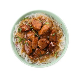 Photo of Bowl with pieces of soy sauce chicken and noodle isolated on white, top view