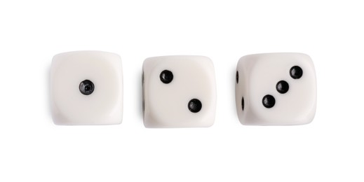 Three dices isolated on white, top view. Game cubes