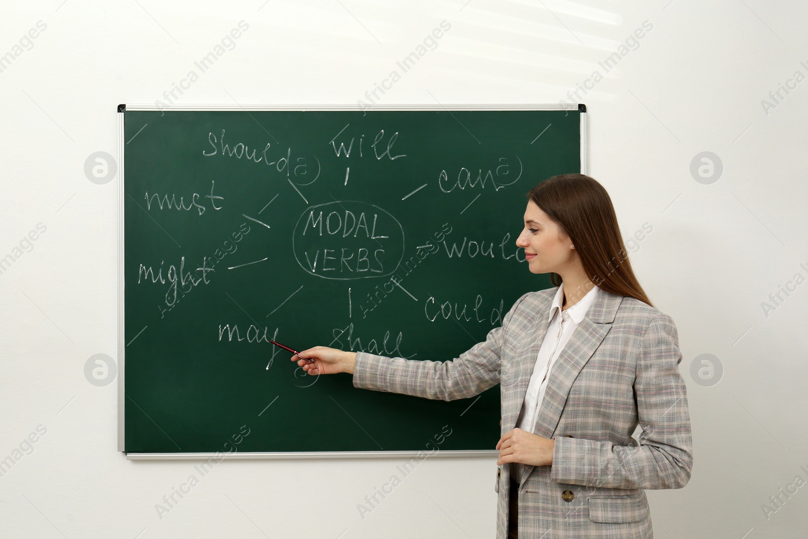 Photo of English teacher giving lesson on modal verbs near chalkboard in classroom