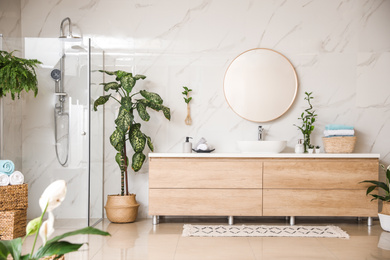 Green plants in elegant modern bathroom. Interior design