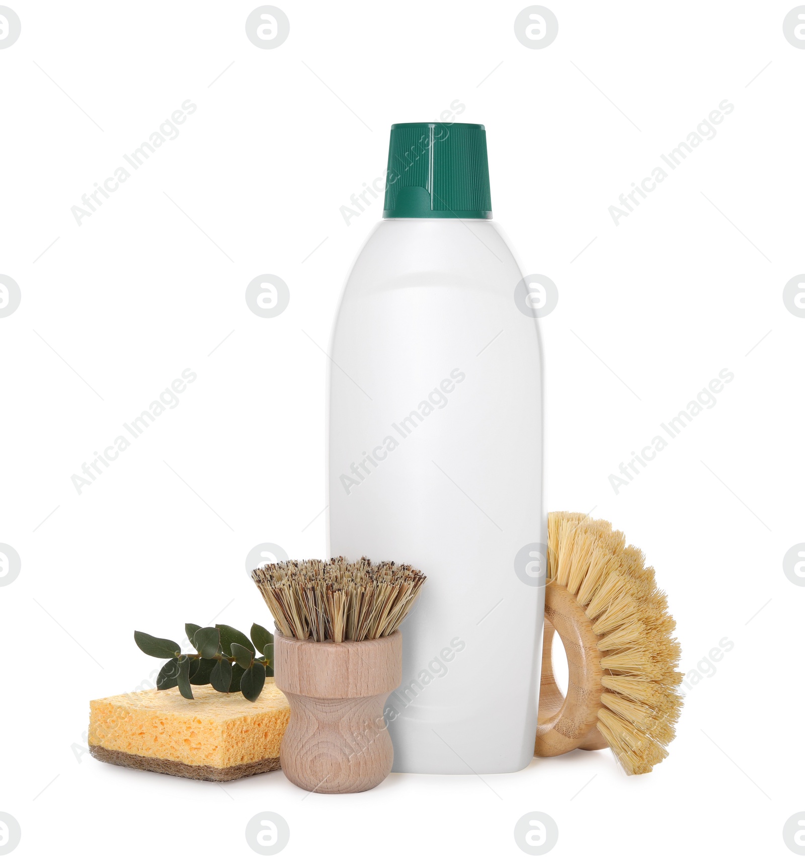 Photo of Bottle of cleaning product, sponge, brushes and floral decor isolated on white