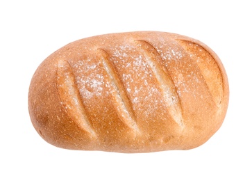 Photo of Loaf of fresh bread on white background, top view