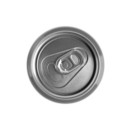 Photo of Aluminum can with drink isolated on white, top view