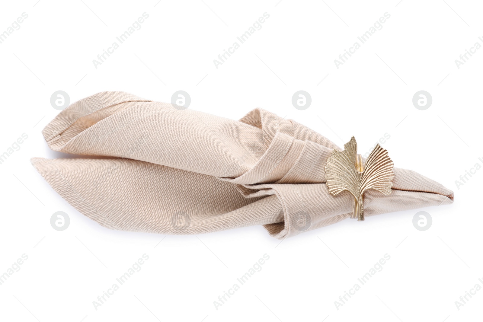 Photo of Napkin with decorative ring for table setting isolated on white, top view