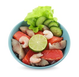 Photo of Delicious mackerel, tuna and shrimps served with cucumbers, lettuce and lime isolated on white, above view. Tasty sashimi dish