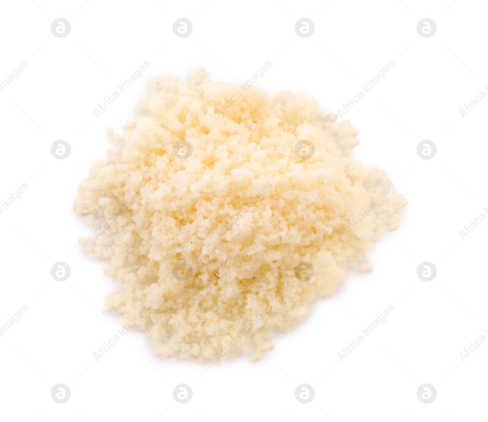 Photo of Pile of grated parmesan cheese isolated on white, top view