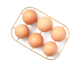 Photo of Metal egg tray on white background, top view