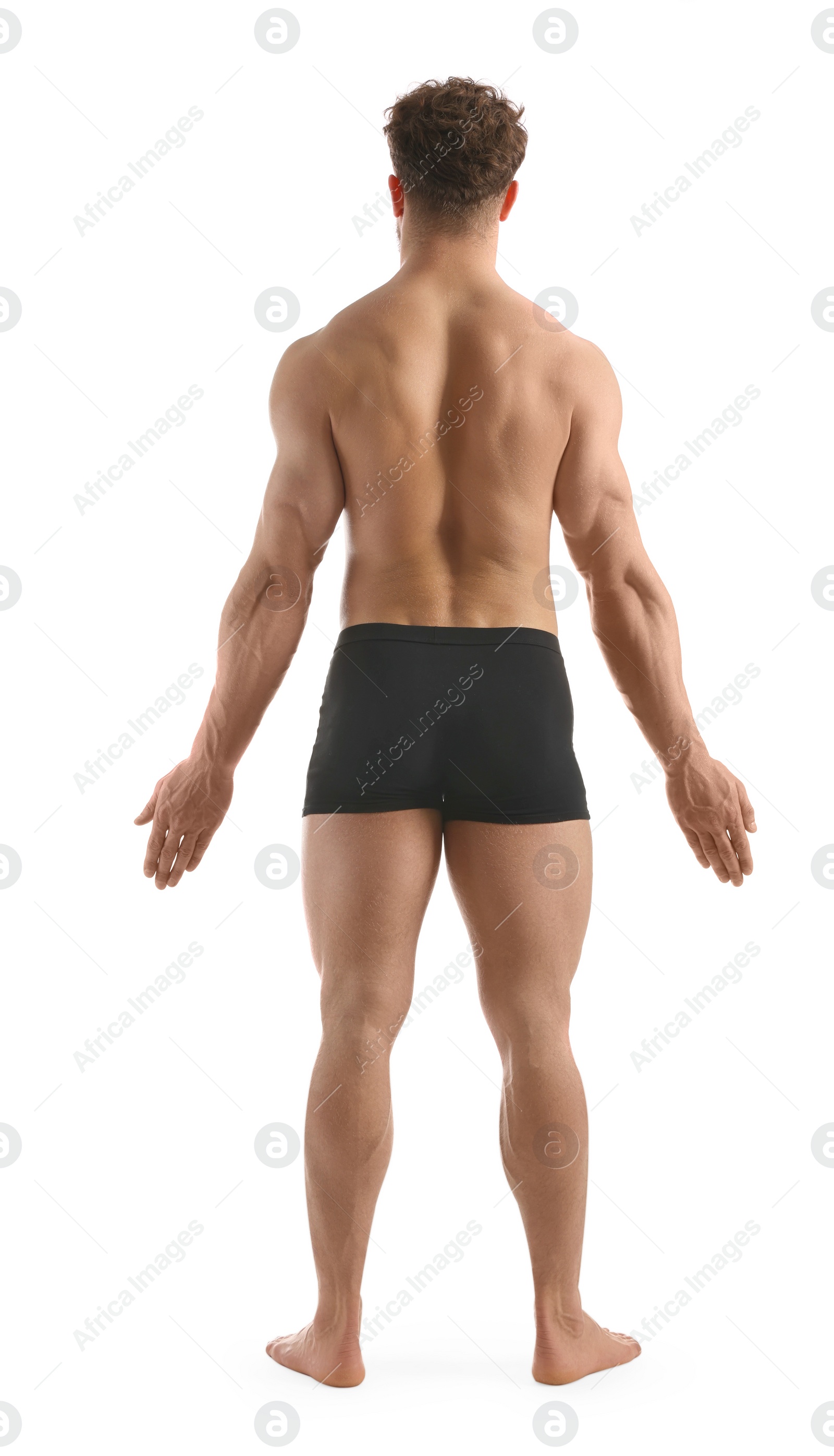 Photo of Man with muscular body on white background, back view