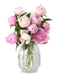 Photo of Beautiful peonies in glass vase isolated on white