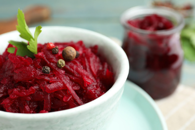 Delicious pickled beets in bowl, closeup view