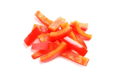 Photo of Slices of ripe red bell pepper on white background