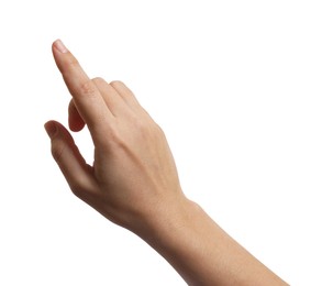 Photo of Woman pointing at something on white background, closeup