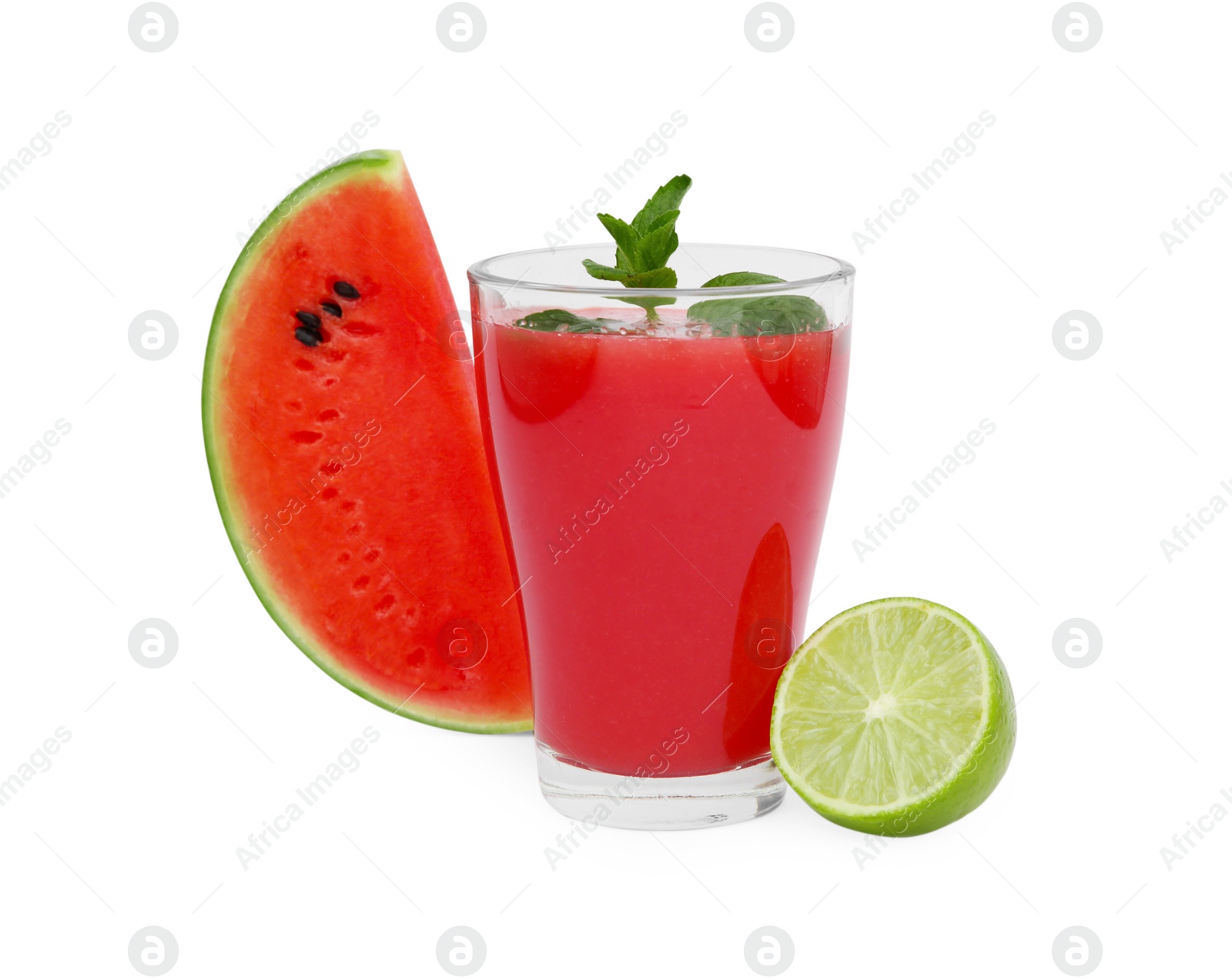 Photo of Glass of delicious watermelon drink with mint and cut fresh fruits isolated on white