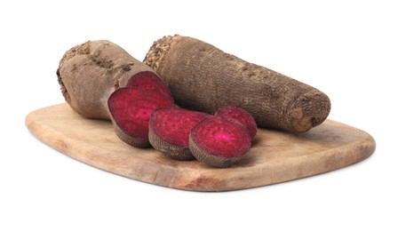 Whole and cut red beets isolated on white