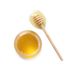 Photo of Tasty honey in glass jar and dipper isolated on white, top view
