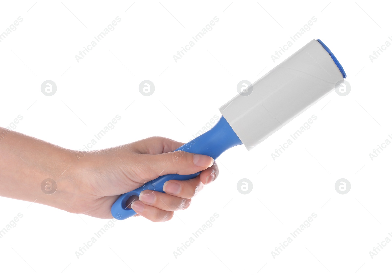 Photo of Woman holding lint roller on white background, closeup