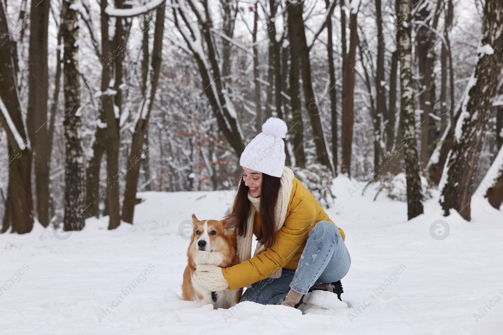 Photo of Woman with adorable Pembroke Welsh Corgi dog in snowy park