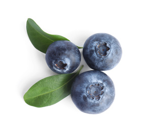 Photo of Fresh ripe blueberries on white background, top view