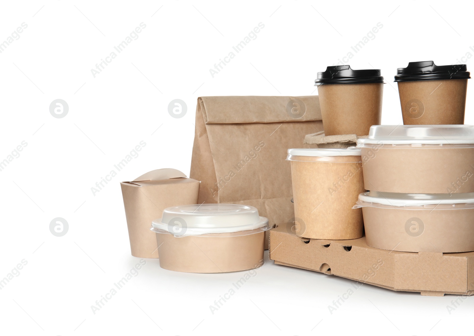 Photo of Different containers on white background, mockup for design. Food delivery