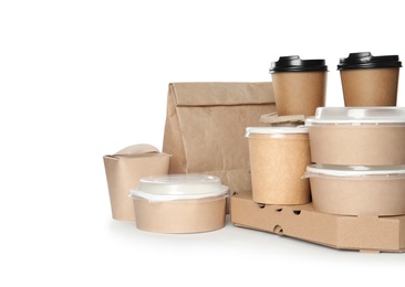 Different containers on white background, mockup for design. Food delivery