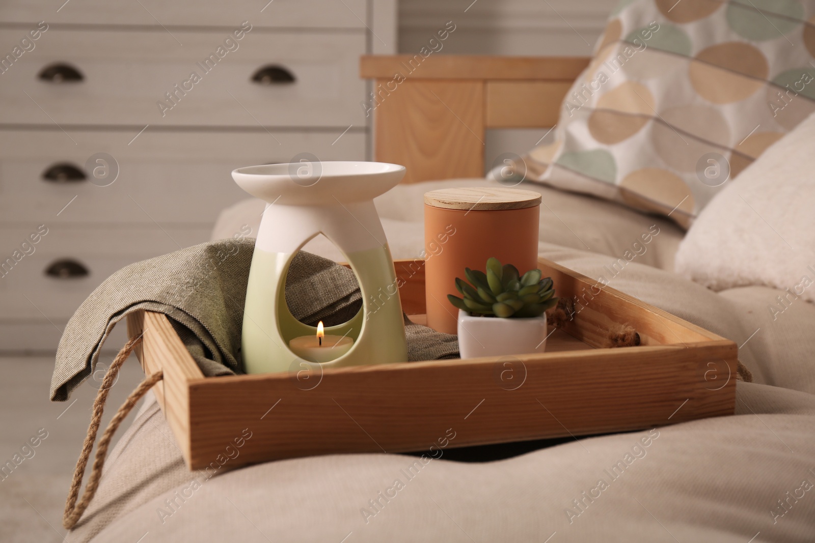 Photo of Tray with stylish aroma lamp and houseplant on sofa in room