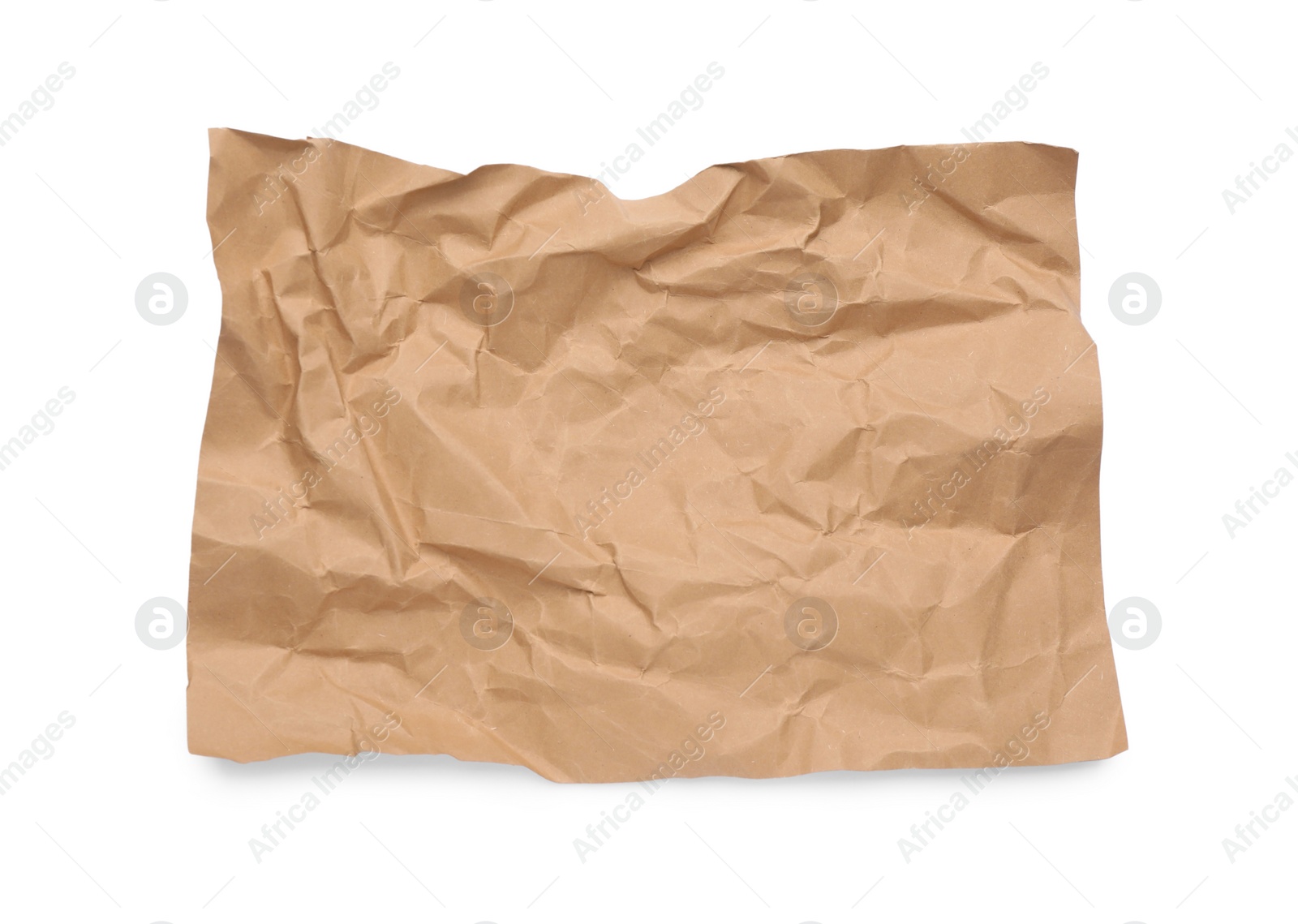 Photo of Sheet of crumpled brown paper on white background, top view