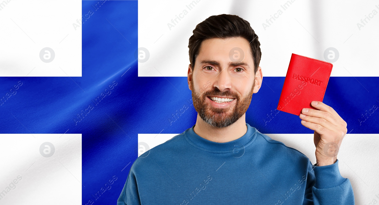 Image of Immigration. Happy man with passport against national flag of Finland, space for text. Banner design