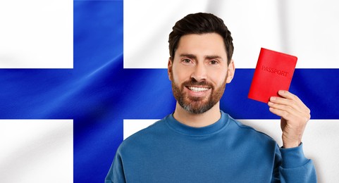 Immigration. Happy man with passport against national flag of Finland, space for text. Banner design