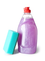 Photo of Cleaning product and sponge for dish washing on white background