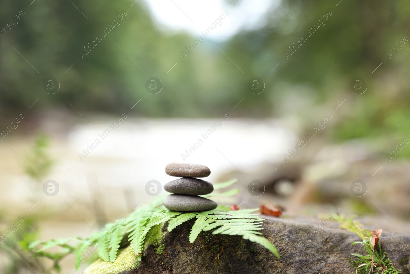 Photo of Balancing zen pebble stones outdoors against blurred background. Space for text