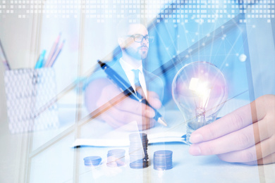 Image of Woman with light bulb at table and businessman with laptop, closeup. Multiple exposure