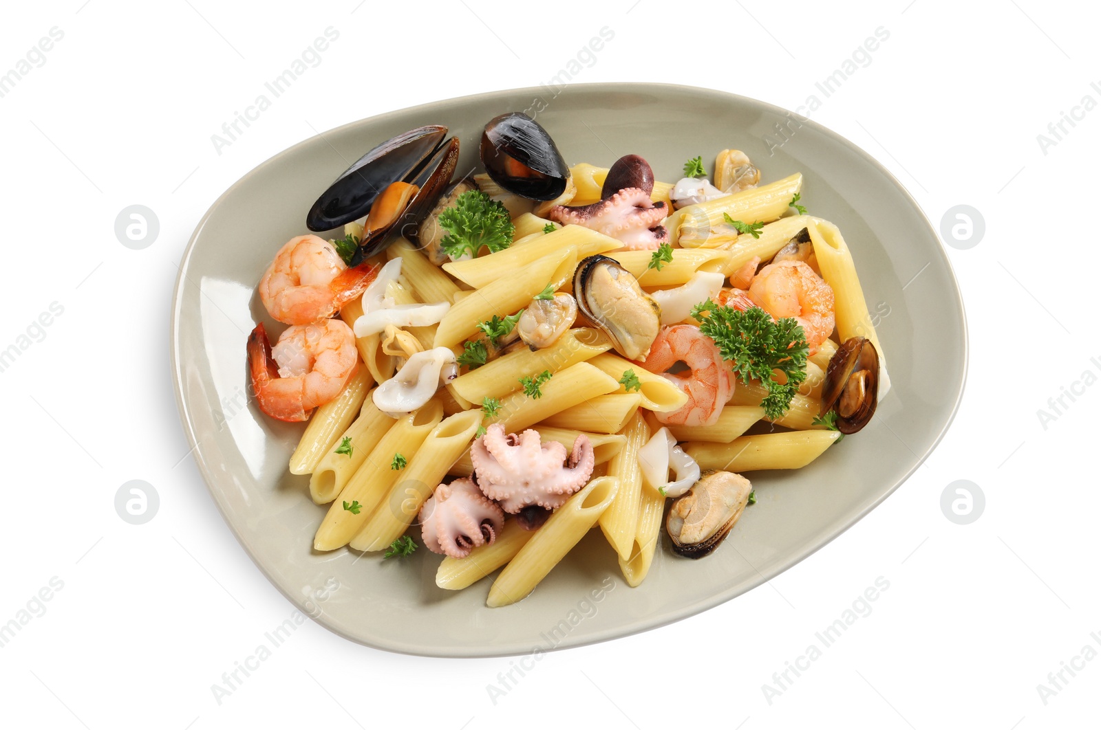 Photo of Delicious pasta with sea food in plate isolated on white, top view