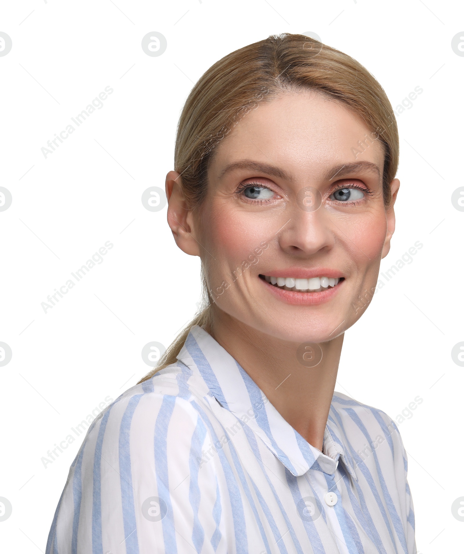 Photo of Woman with clean teeth smiling on white background