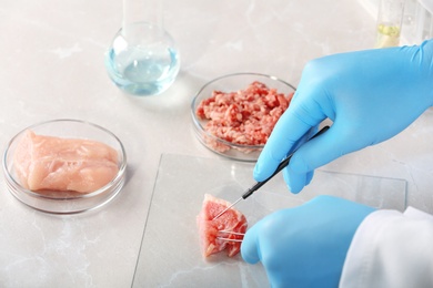 Photo of Scientist inspecting meat sample on table, closeup. Food quality control