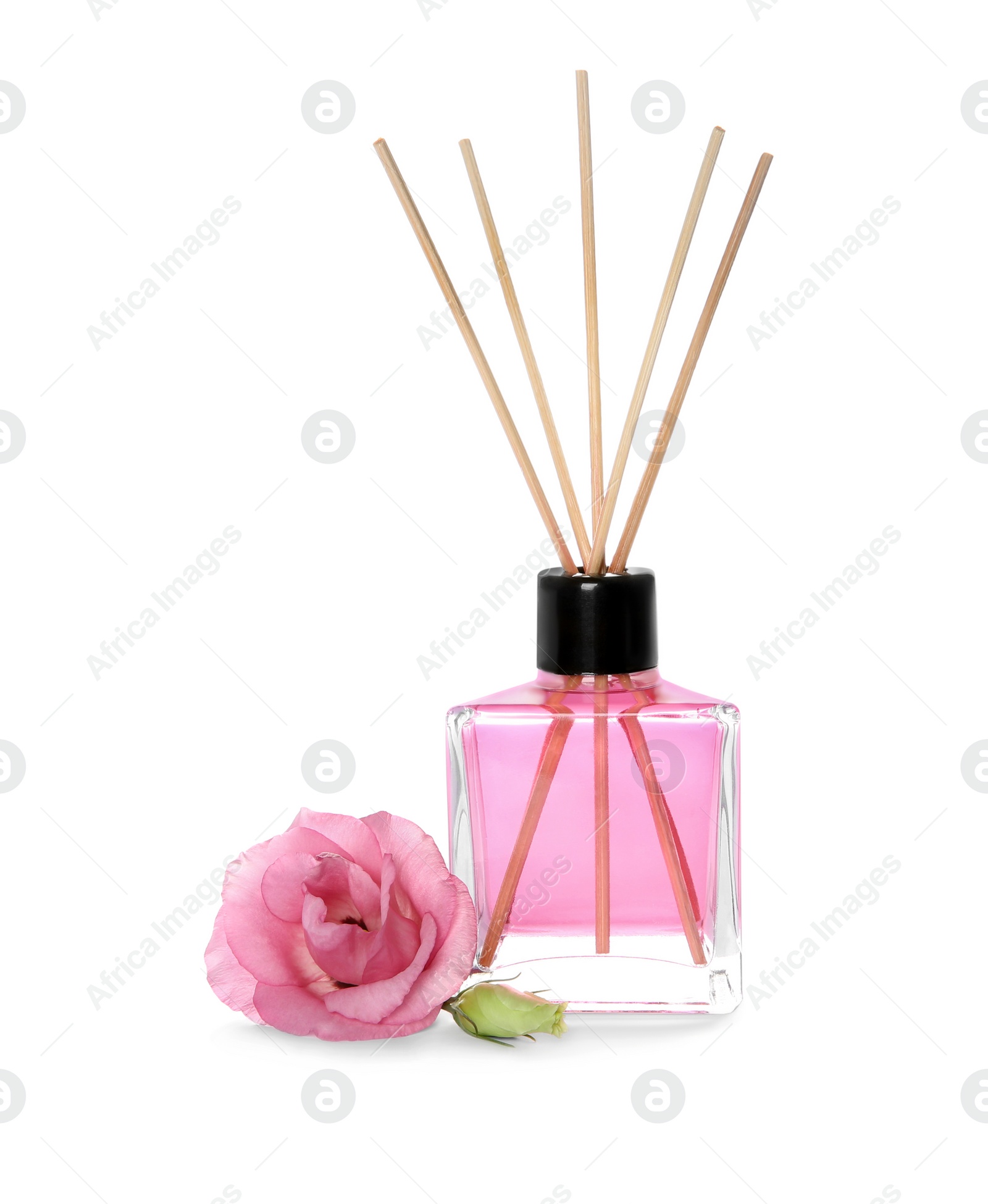 Photo of Aromatic reed air freshener and rose on white background