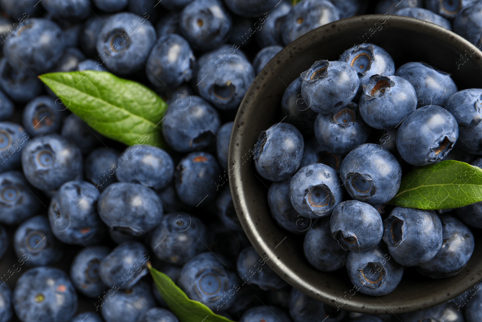 Photo of Tasty fresh blueberries with green leaves and bowl, top view