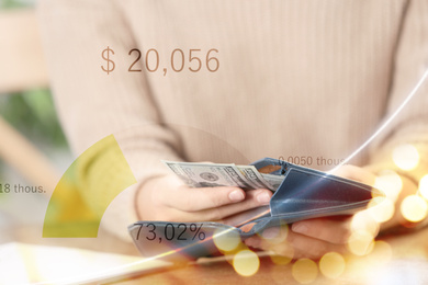 Image of Woman putting money into wallet at table, closeup