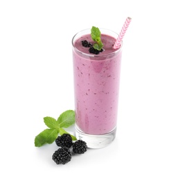 Delicious blackberry smoothie in glass on white background