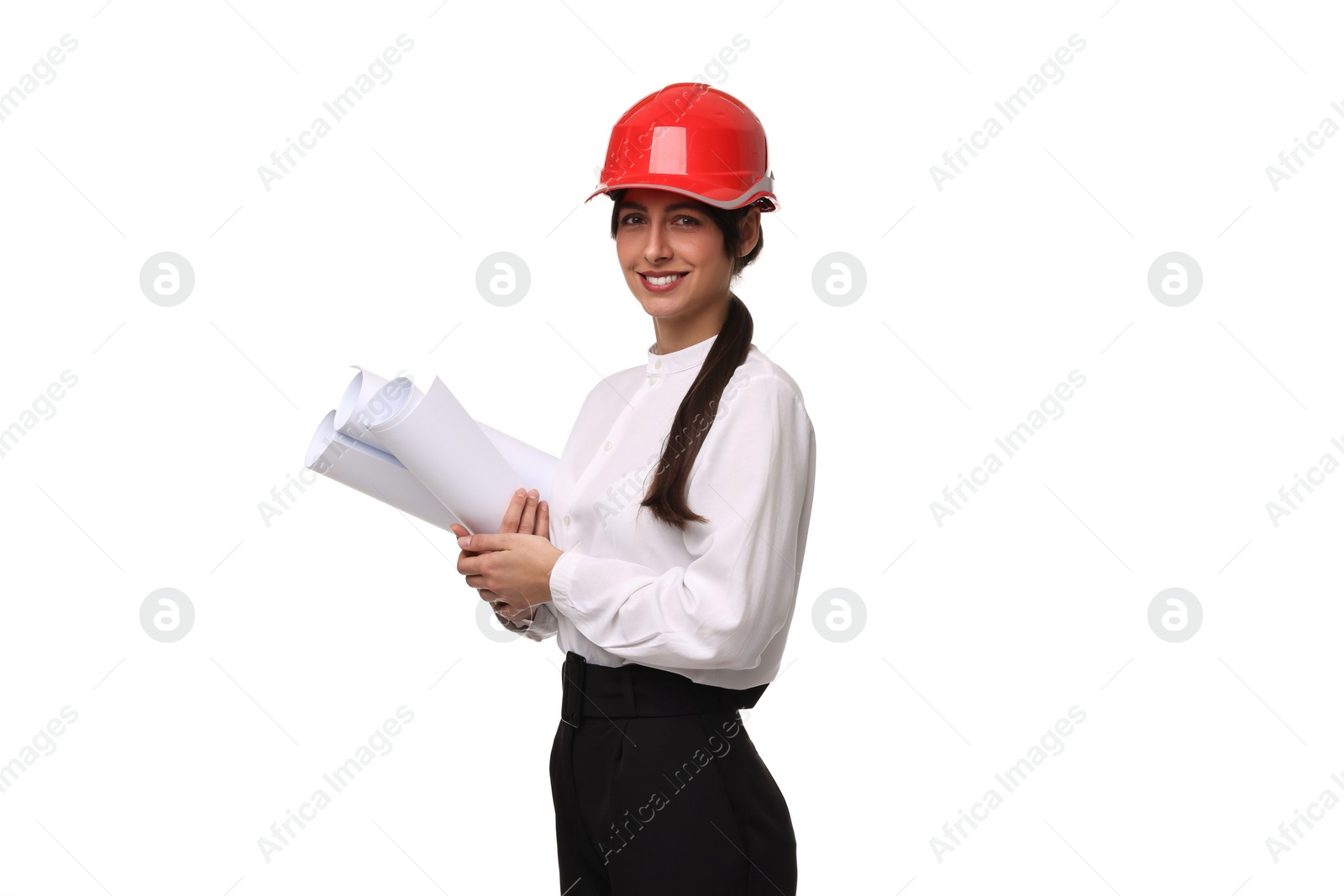 Photo of Architect with hard hat and drafts on white background