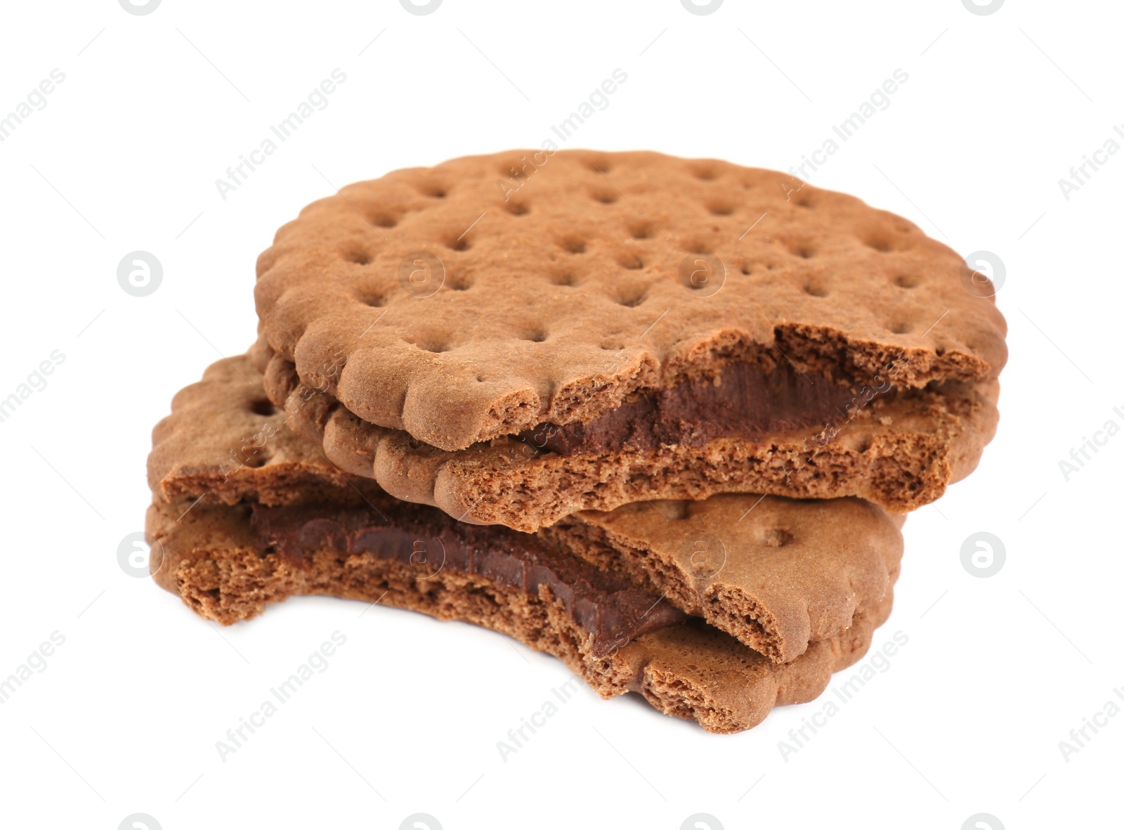 Photo of Bitten tasty chocolate sandwich cookies with cream on white background