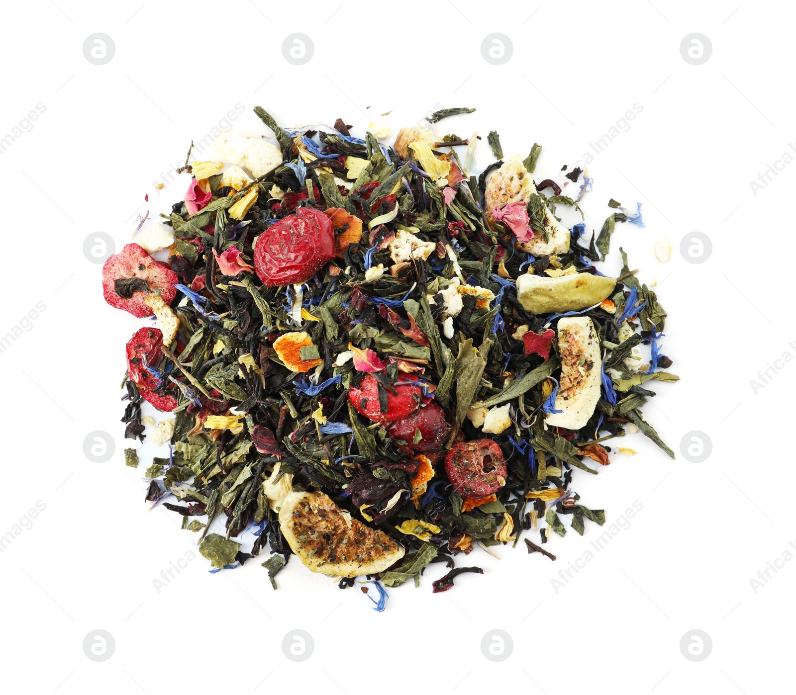 Photo of Pile of aromatic herbal tea isolated on white, top view