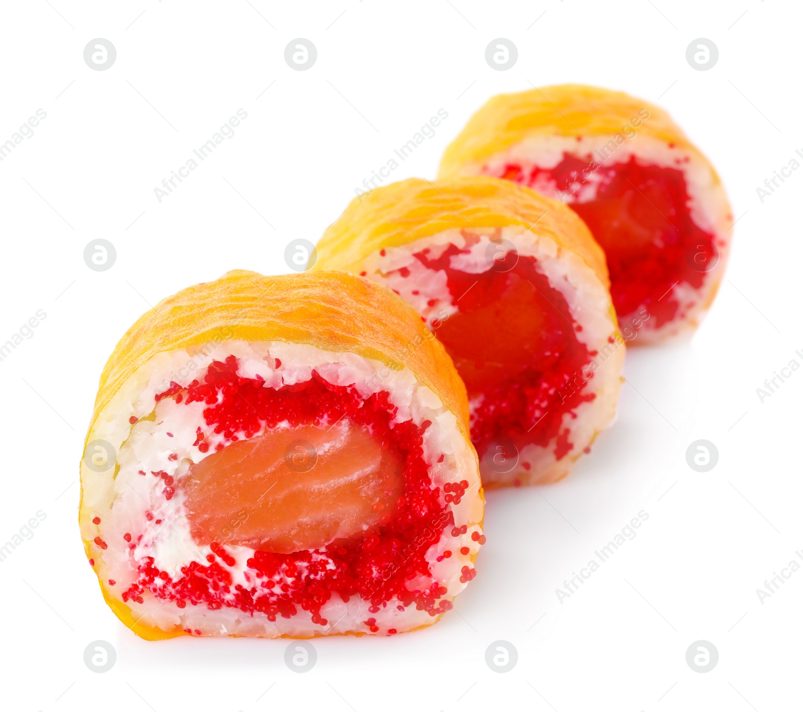 Photo of Delicious fresh sushi rolls on white background