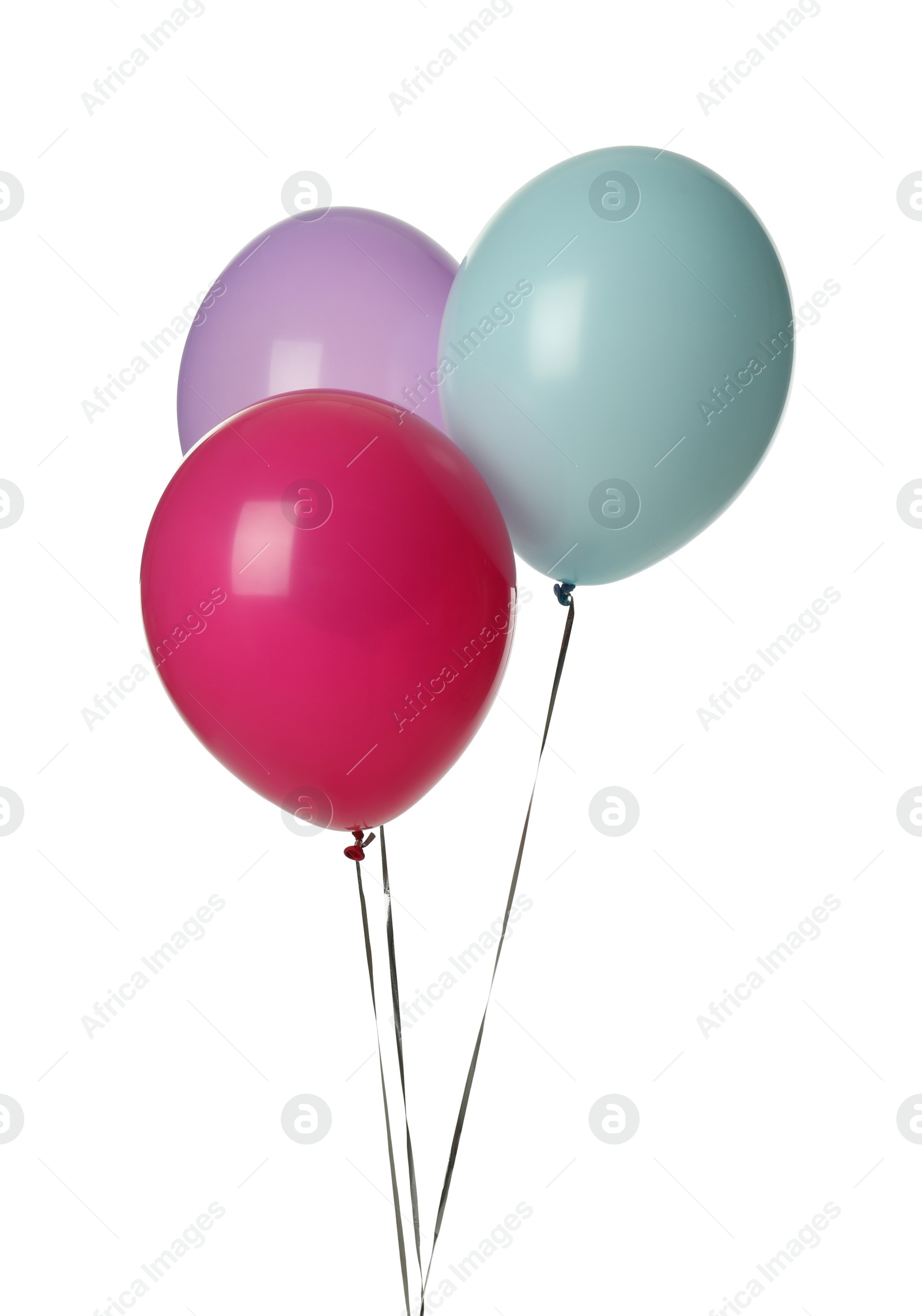 Photo of Colorful balloons with ribbons on white background