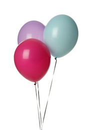 Colorful balloons with ribbons on white background