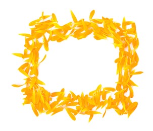 Photo of Frame of beautiful calendula petals on white background, top view. Space for text