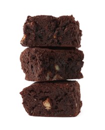 Delicious brownies with nuts on white background