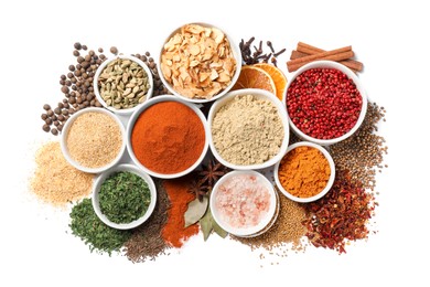 Photo of Bowls with different spices on white background, top view